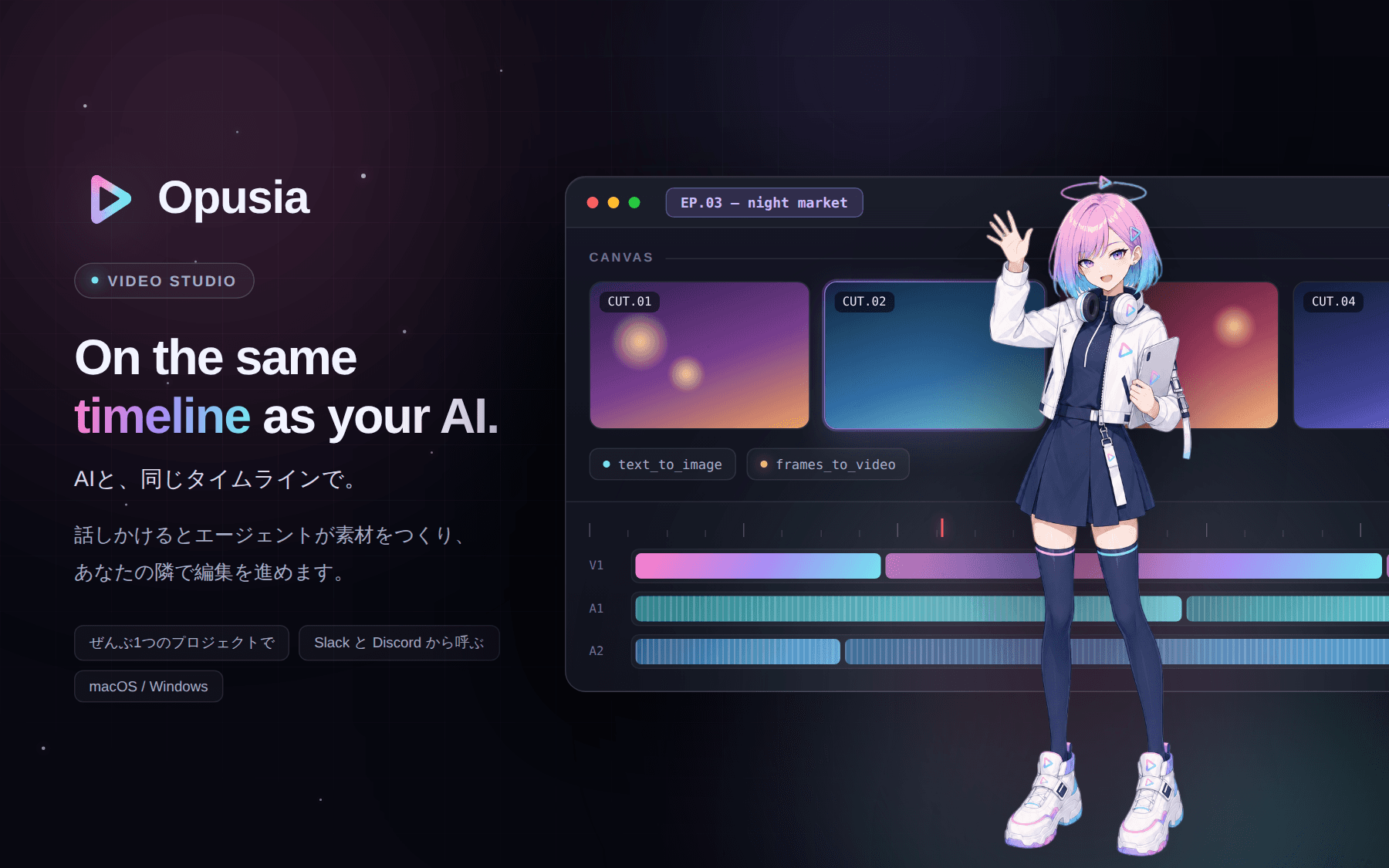 Opusia の画面イメージ。キャンバスに並べたカットとタイムラインの手前に、Opusia のイメージキャラクターが立っている
